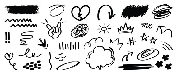 Set of cute pen line doodle element vector. Hand drawn doodle style collection of heart, arrows, scribble, speech bubble, sparkle, crown. Design for print, cartoon, card, decoration, sticker.