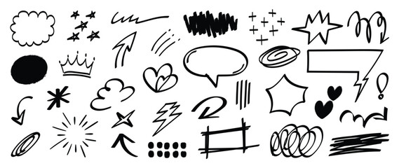 Set of cute pen line doodle element vector. Hand drawn doodle style collection of heart, arrows, scribble, speech bubble, sparkle. Design for print, cartoon, card, decoration, sticker.