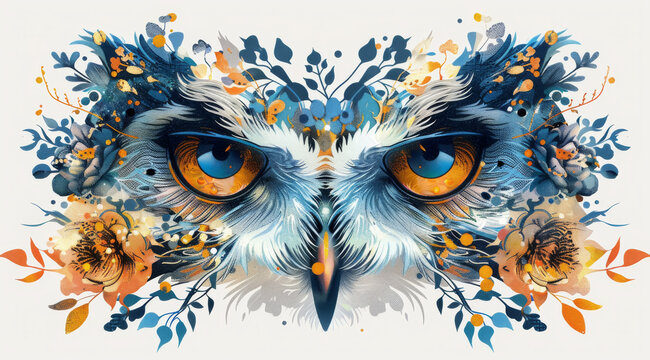 Illustration of an owl with blue eyes and floral surroundings, ai generated