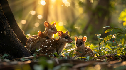 Quoll family in the forest with setting sun shining. Group of wild animals in nature.