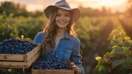 Beautiful young farmer woman holding a wooden box full of blueberry fruit standing in the field with sunset. Concept of healthy lifestyle, local farming and beauty.