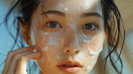 close up of an Asian woman is wearing hydrated paper sheet mask, hand touching slightly on face