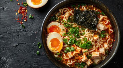 Ramen: Noodles served in a flavorful broth, often with toppings such as sliced pork, green onions, boiled egg, and seaweed