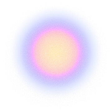 Blur gradient circle with grain noise texture, neon hologram iridescent color blurry shape isolated on transparent background.
