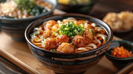 Udon: Thick wheat noodles served in a savory broth, often with toppings like tempura, green onions, and fish cakes