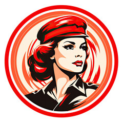 A logo of a woman soldier with a red beret seen from the side within a circle - obrazy, fototapety, plakaty