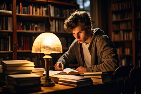 person studying in a library, surrounded by the quiet ambiance of knowledge, the soft glow of reading lamps illuminating the focused individual engrossed in books
