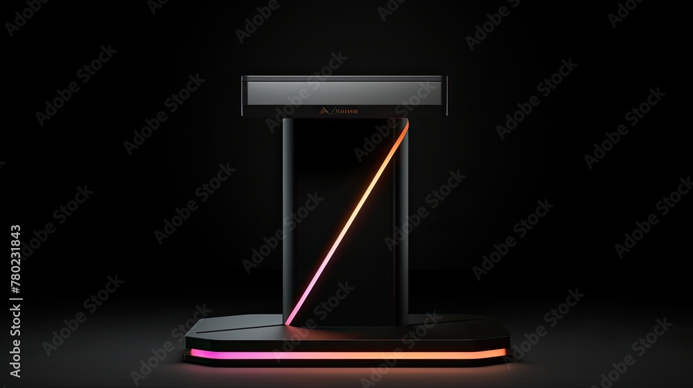 Poster matte black podium with subtle built-in LED lighting, showcasing a high-end tech gadget, minimalist design with sharp angles, emphasizing the product's sophistication and cutting-edge features