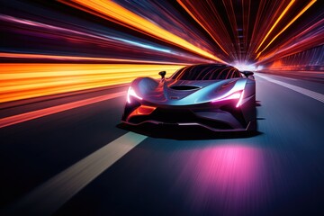 car racing through an underground tunnel, neon lights illuminating the surroundings, creating a...