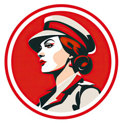 A logo of a woman soldier with a red hat on a red background, seen from the side within a circle - obrazy, fototapety, plakaty