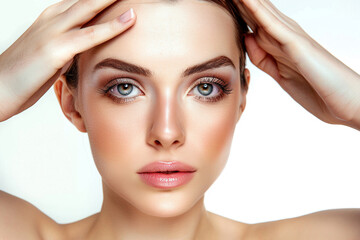 Naklejka premium Beautiful woman shoots an advertisement for beautiful facial skin in the studio white background.