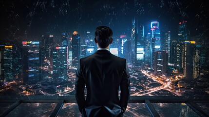 back view of a business man standing amidst the mesmerizing night cityscape, with hologram lights illuminating the urban environment, Business man standing on city