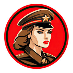 A logo of a woman soldier with a brown hat and a star within a circle - obrazy, fototapety, plakaty