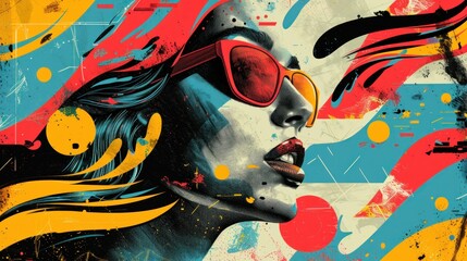 A dynamic abstract pop art portrait of a woman with flowing hair and red sunglasses, evoking a sense of movement and vibrant energy.