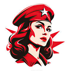 A logo of a woman soldier with a red beret and a star - obrazy, fototapety, plakaty