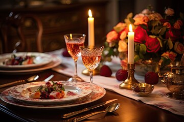 set dinner table, bathed in warm candlelight, adorned with fine china and crystal glasses, showcasing a delectable array of gourmet dishes