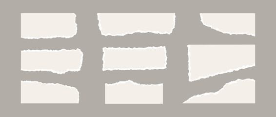 Torn paper piece collection. Beige shapes with jagged uneven edges. Ripped different paper fragment set. Textured grunge element bundle for collage, text box, banner, sticker, poster, flyer. Vector