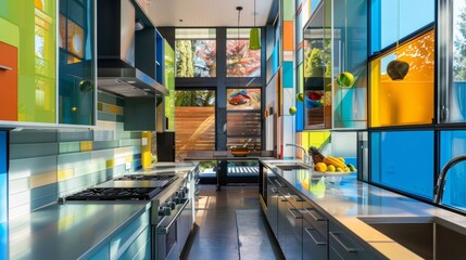 The sleek kitchen in this urban abode is given a lively touch with colorful panels covering the backsplash. Vibrant blues greens and yellows bring a playful and modern vibe to the . - obrazy, fototapety, plakaty