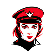 A logo of a woman soldier with a red hat seen from the front - obrazy, fototapety, plakaty