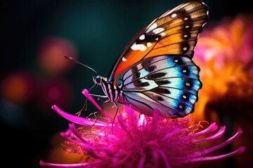 delicate butterfly perched on a vibrant flower, capturing intricate details of its iridescent wings and the delicate textures of the flower petals