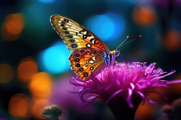 delicate butterfly perched on a vibrant flower, capturing intricate details of its iridescent wings and the delicate textures of the flower petals
