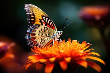 delicate butterfly perched on a vibrant flower, capturing intricate details of its iridescent wings...