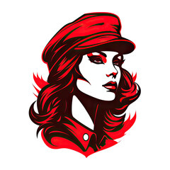 A logo of a strong-faced woman soldier