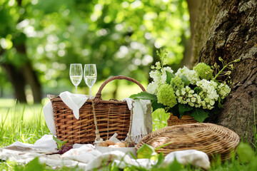 Fototapeta na wymiar A picnic basket with a white cloth and a bunch of flowers and two wine glasses
