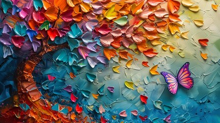 Oil paint abstract, tree with multicolored leaves and butterfly, palette knife technique, dynamic background, and theatrical lighting