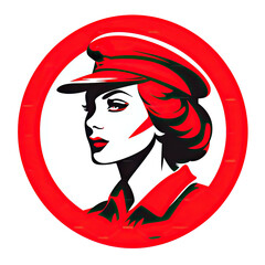 A logo of a woman soldier with a red hat within a circle - obrazy, fototapety, plakaty
