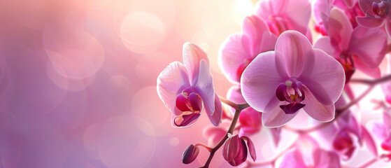 A tranquil display of vibrant pink orchid flowers against a blurred bokeh light background. - obrazy, fototapety, plakaty