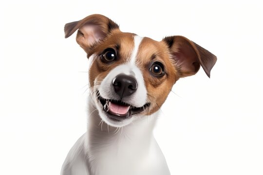 A friendly brown and white dog face on a white background