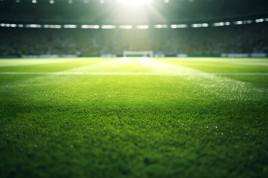 Soccer field with green grass and bright lights