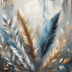 Vintage illustration with feathers, blue and gold brushstrokes. Textured background. Oil on canvas. Modern Art. Grey, wallpaper, poster, card, mural, print, wall art