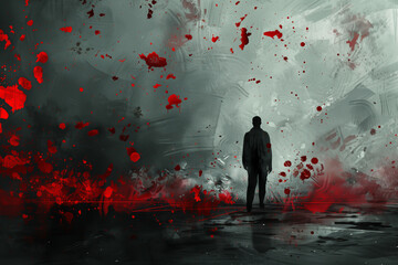 A man stands in a room with red splatters all over the walls - obrazy, fototapety, plakaty