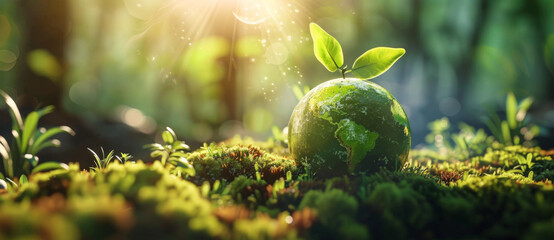 Green planet Earth with green leaves and moss on a blurred natural background