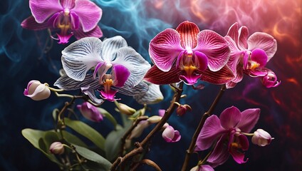 A still life of pink and purple orchids next to a scattering of nuts.

