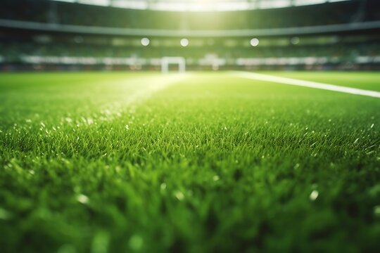 Soccer field with green grass and bright lights