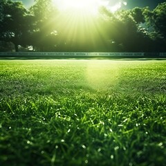 soccer field with green grass and lights at sunset - obrazy, fototapety, plakaty