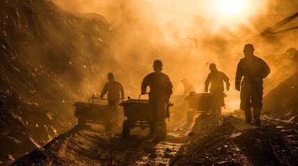 The first rays of dawn peek through the dustfilled air of the mine casting a hazy light on a group of miners hauling heavy carts of ore. The muscles in their arms with effort as they . - obrazy, fototapety, plakaty