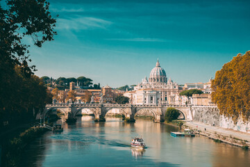Rome, Italy. Papal Basilica Of St. Peter In The Vatican. Sightseeing Boat Floating Near Aelian Bridge. Touristic Boat - obrazy, fototapety, plakaty