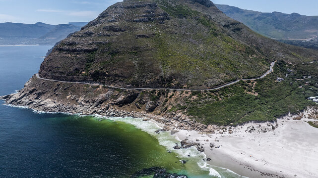 aerial landscape view of famous "Chapman's Peak" a mountain situated south of Cape Town and north of Noordhoek Beach with Chapman's Peak Drive a famous road with splendid curves and 