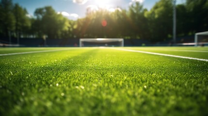 soccer field with green grass and lights at sunset