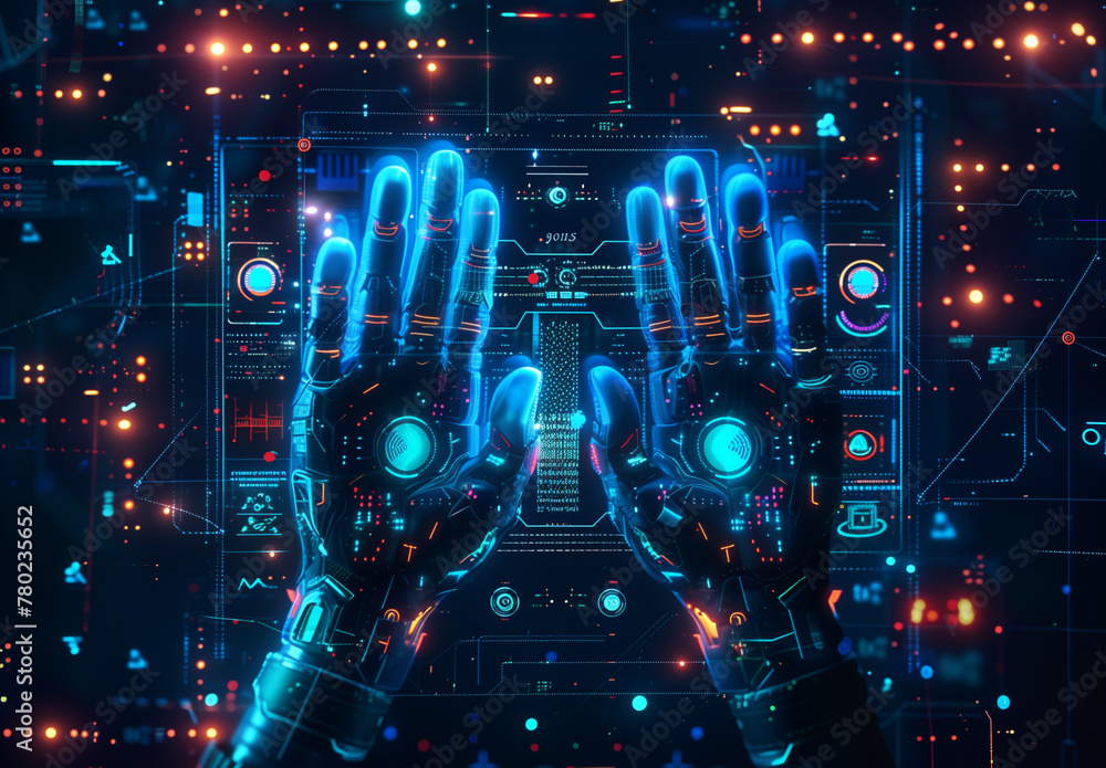 Poster robotic hands interacting with digital interface on a futuristic technology background.