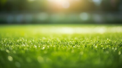soccer field with green grass and lights at sunset - obrazy, fototapety, plakaty