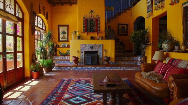 The interior of the room is painted in a warm sunny yellow reminiscent of the bright Mexican sun. Adorning the walls are colorful handpainted tiles showcasing scenes of everyday life .