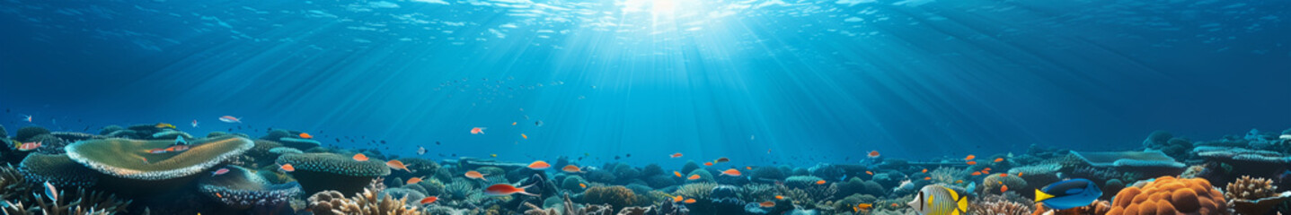 panoramic deep blue underwater background with coral reefs and fish