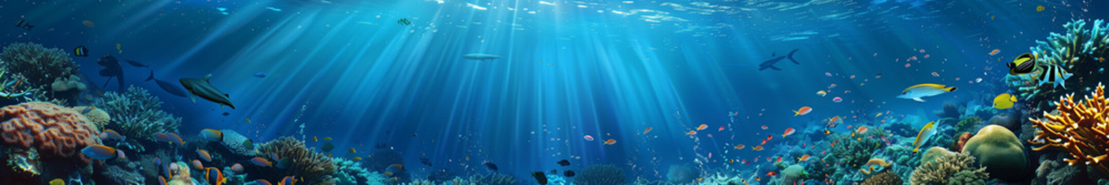 panoramic deep blue underwater background with coral reefs and fish