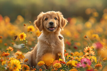 A cute puppy playing in a field of flowers, with a wagging tail and happy expression