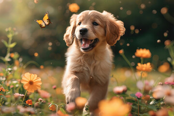 A cute puppy playing in a field of flowers, with a wagging tail and happy expression